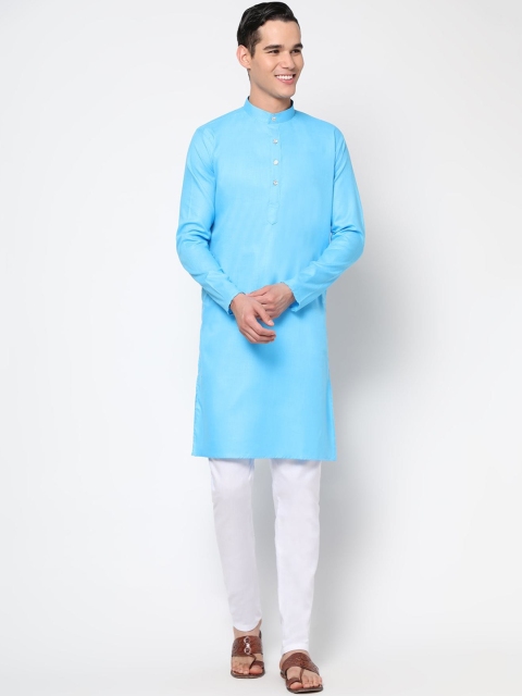 

THE FAB 3 Men Turquoise Blue Angrakha Pure Cotton Kurta with Pyjamas