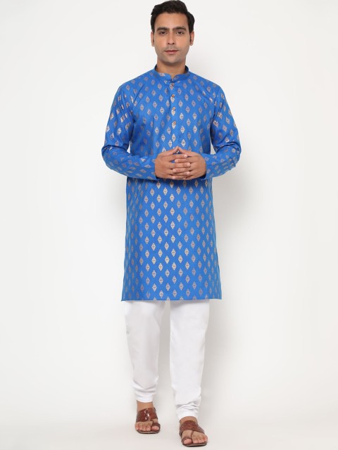 

THE FAB 3 Men Blue Ethnic Motifs Printed Angrakha Pure Cotton Kurta with Pyjamas