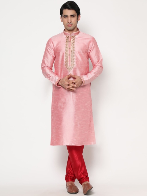 

THE FAB 3 Men Pink Embroidered Pleated Pure Cotton Kurta with Churidar