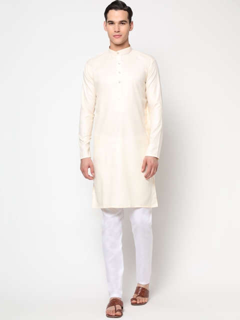 

THE FAB 3 Men Cream-Coloured Striped Angrakha Pure Cotton Kurta with Pyjamas