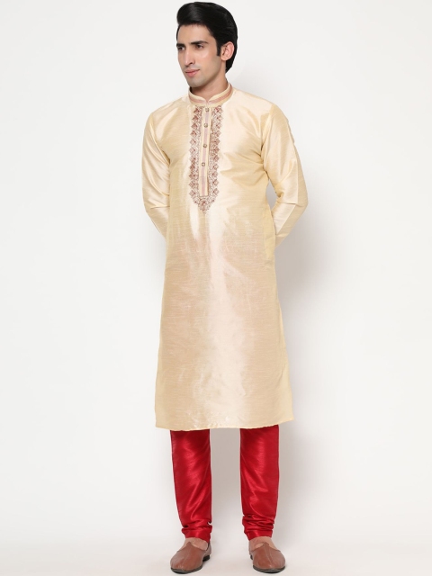 

THE FAB 3 Men Cream-Coloured Embroidered Pure Cotton Kurta with Pyjamas