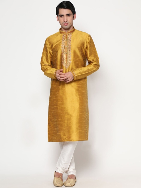 

THE FAB 3 Men Gold-Toned Embroidered Angrakha Pure Cotton Kurta with Pyjamas