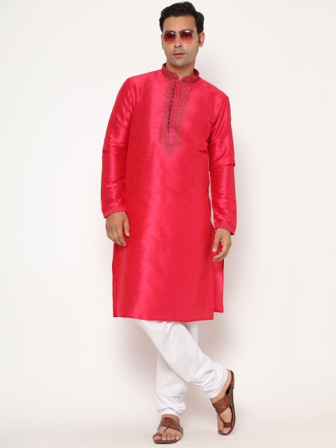 

THE FAB 3 Men Red Striped Pure Cotton Kurta with Pyjamas