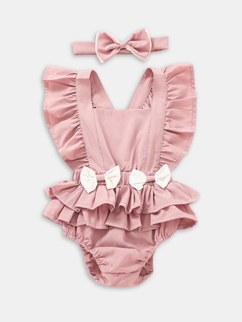 

Hopscotch Girls Pink Solid Ruffled Onesie With Headband Bodysuit