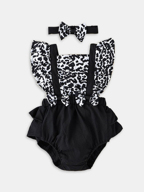 

Hopscotch Girls Black Animal Printed Bodysuit With Headband