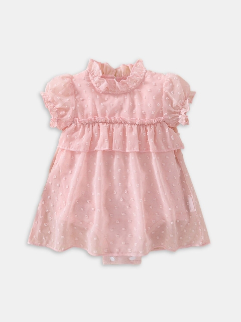 

Hopscotch Girls Pink Self Design Frock Style Bodysuit