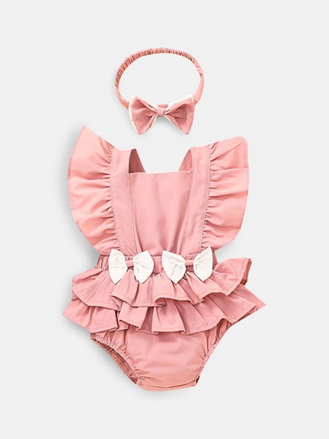 

Hopscotch Infant Girls Pink Solid Ruffled Bodysuit With Headband