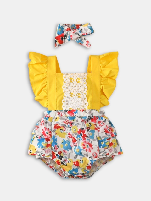 

Hopscotch Infant Girls Yellow Printed Bodysuit With Headband