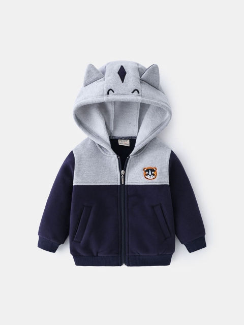 

Hopscotch Boys Navy Blue Colourblocked Crop Sporty Jacket with Embroidered