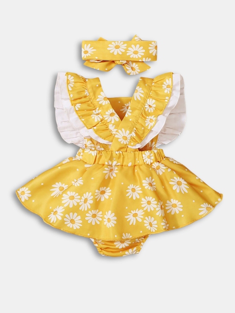 

Hopscotch Infant Girls Yellow & White Floral Printed Bodysuit