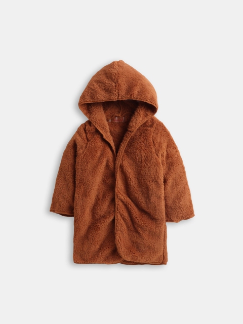 

Hopscotch Girls Brown Solid Hooded Overcoat