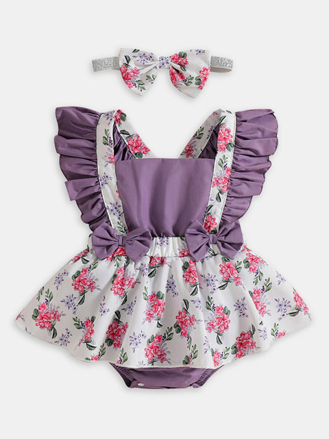 

Hopscotch Girls Purple Floral Printed Bodysuit With Headband