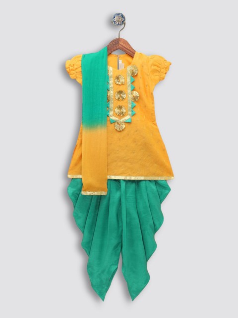 

Hopscotch Girls Yellow Embroidered Chanderi Silk Kurta with Skirt