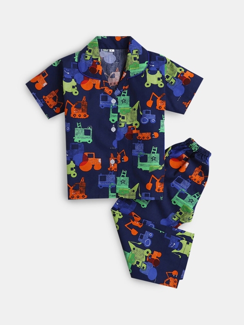 

Hopscotch Boys Blue & Green Printed Pure Cotton Night suit