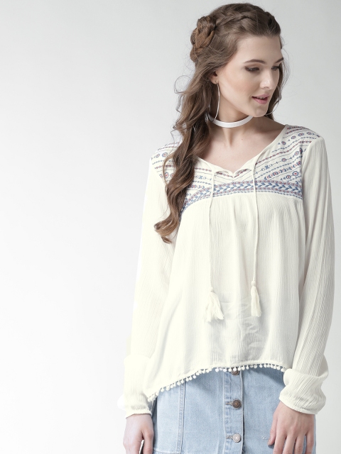 

Aeropostale Women Off-White Embroidered Detail Crinkled A-Line Top