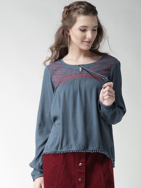 

Aeropostale Women Blue Embroidered Detail Crinkled A-Line Top