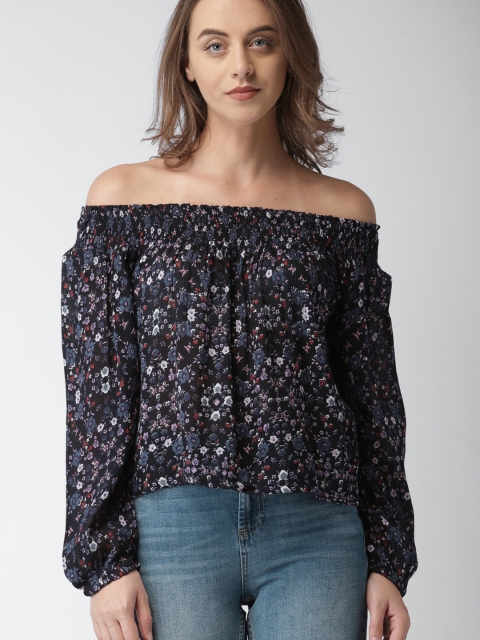 

Aeropostale Women Black & Blue Printed Bardot Top