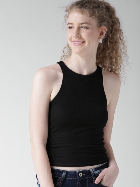 

Aeropostale Women Black Self-Striped Fitted Top
