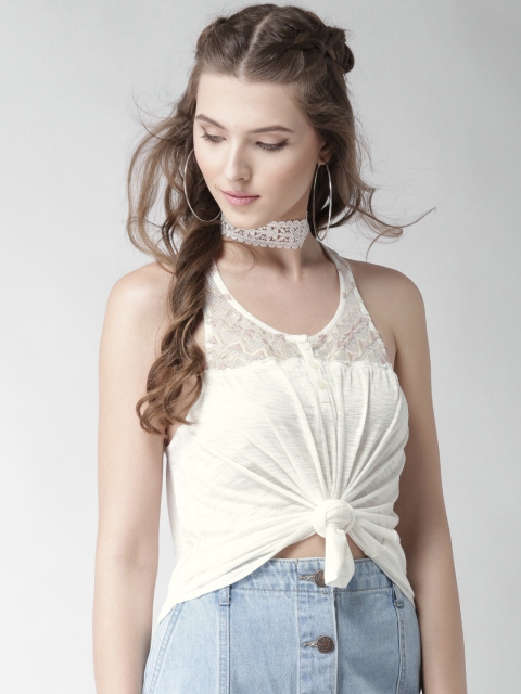 

Aeropostale Women Off-White Embroidered Detail A-Line Top