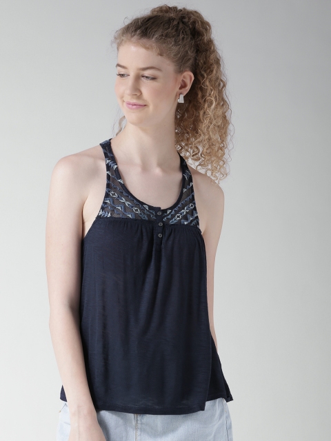

Aeropostale Women Navy Embroidered Detail A-Line Top, Navy blue