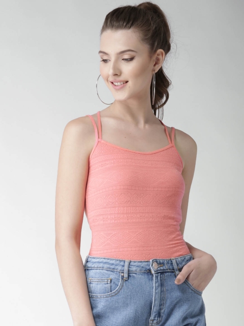 

Aeropostale Women Coral Pink Self-Design Styled Back Fitted Top, Charcoal