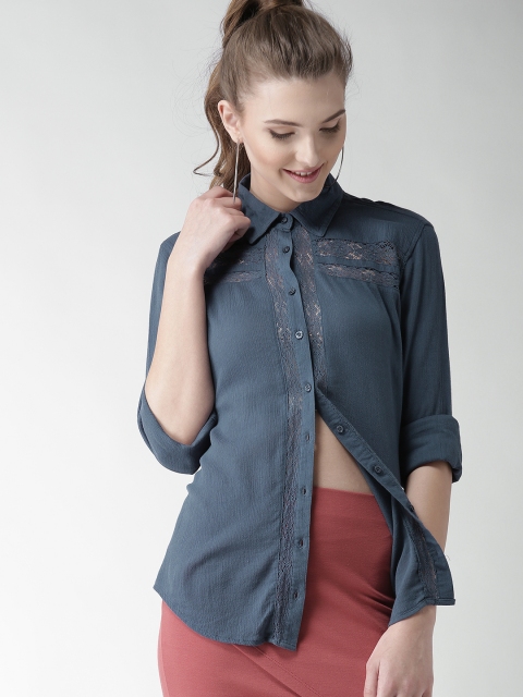 

Aeropostale Women Blue Crochet Detail Casual Shirt