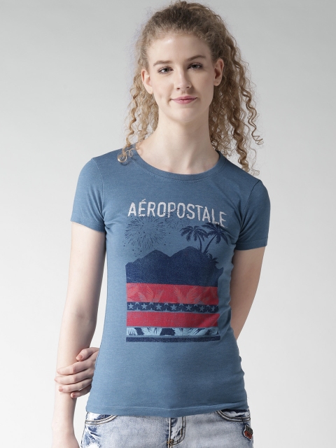 

Aeropostale Women Blue Printed Round Neck T-shirt