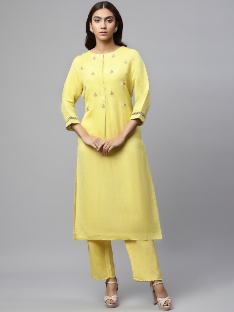 

Linen Club Woman Women Mustard Yellow Thread Work Sustainable Kurta