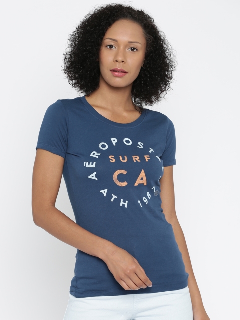 

Aeropostale Women Blue Printed Round Neck Pure Cotton T-shirt