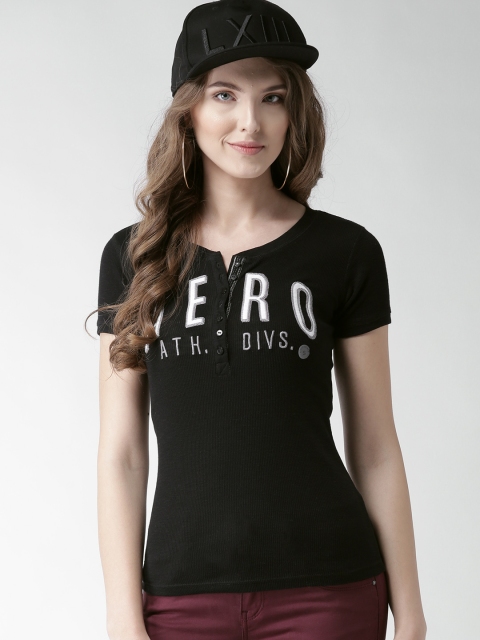 

Aeropostale Women Black Self-Design Henley Neck T-shirt