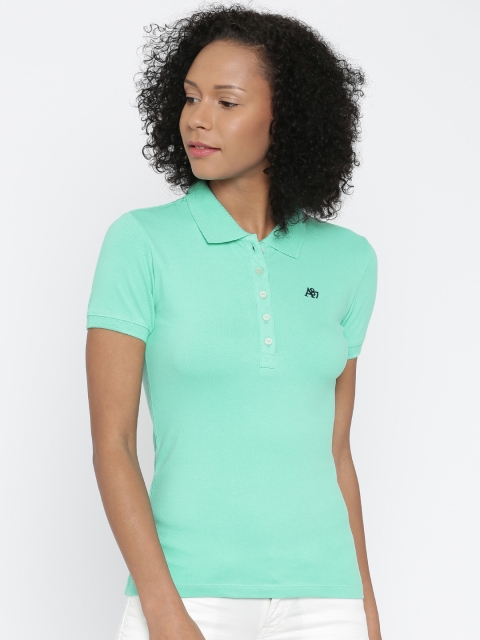 

Aeropostale Women Sea Green Solid Polo Collar T-shirt
