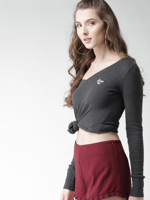 

Aeropostale Women Charcoal Grey Self-Striped V-Neck T-shirt