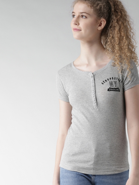 

Aeropostale Women Grey Melange Solid Henley Neck T-shirt