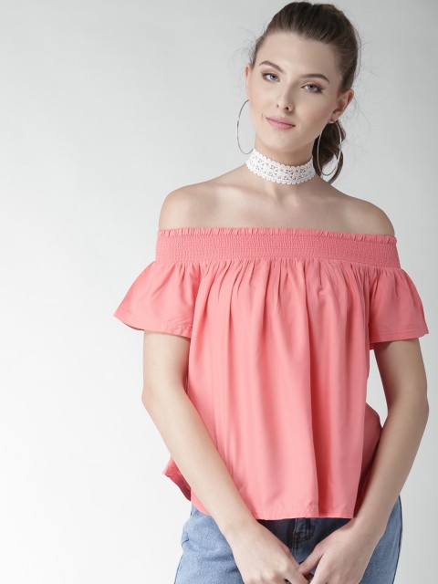 

Aeropostale Women Coral Pink Solid Bardot Top