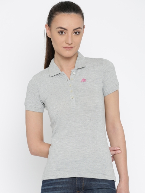

Aeropostale Women Grey Melange Solid Polo Collar T-shirt