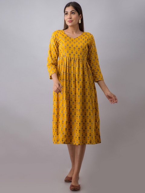 

misbis Mustard Yellow Ethnic Motifs Maternity Empire Midi Dress