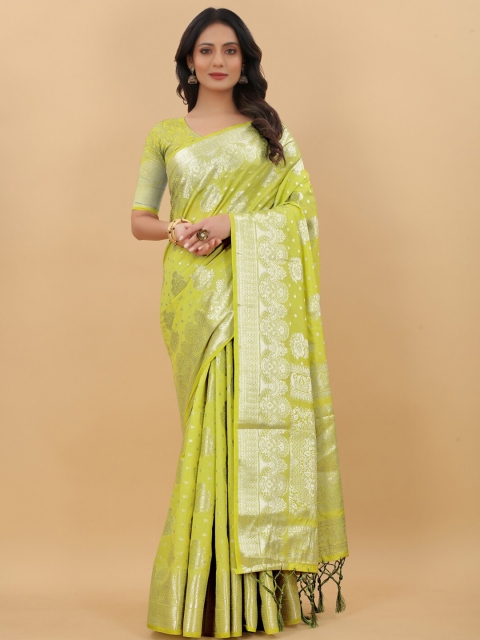 

PRASTHAN Lime Green & Silver-Toned Woven Design Zari Silk Cotton Banarasi Saree