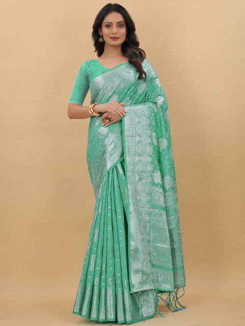 

PRASTHAN Sea Green & Silver-Toned Woven Design Zari Silk Cotton Banarasi Saree