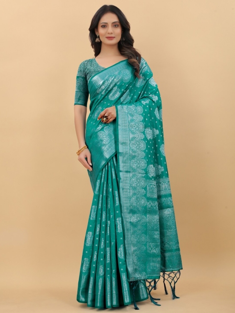 

PRASTHAN Blue & Silver-Toned Woven Design Zari Silk Cotton Banarasi Saree, Turquoise blue