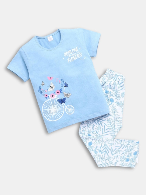 

Hopscotch Girls Blue & White Printed Short Sleeves Night suit