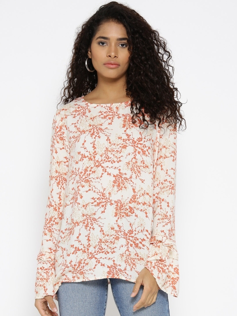 

Vero Moda Women Off-White & Orange Printed Styled Back Top