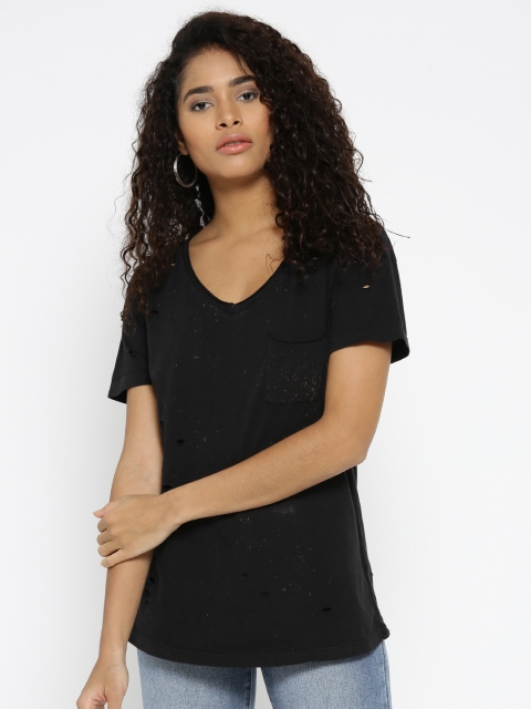 

Vero Moda Women Black & Orange Printed V-Neck T-shirt