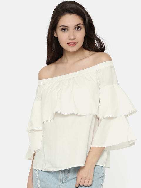 

Vero Moda Women Off-White Solid Bardot Pure Cotton Top