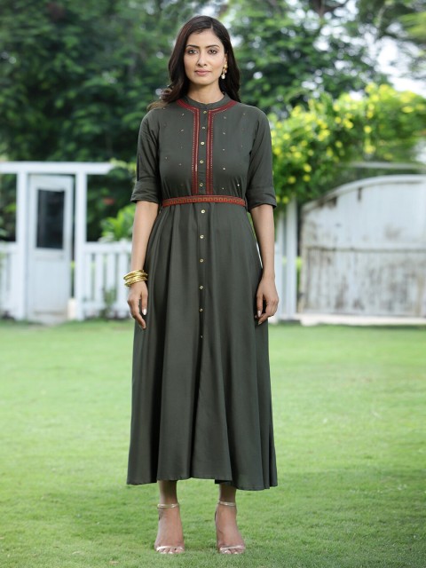 

Juniper Olive Green Ethnic Maxi Dress