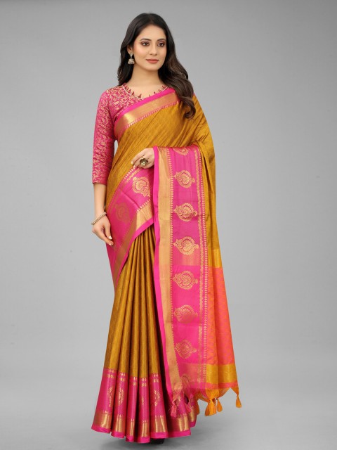 

FASHDEAL Yellow & Pink Woven Design Zari Pure Cotton Saree