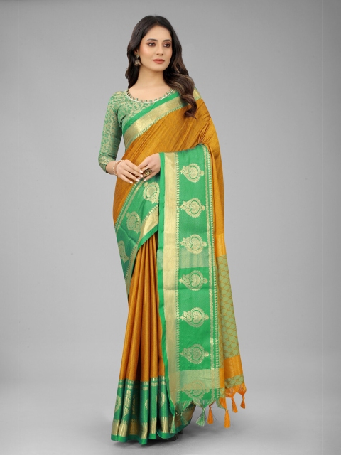 

FASHDEAL Green & Yellow Woven Design Zari Pure Cotton Saree