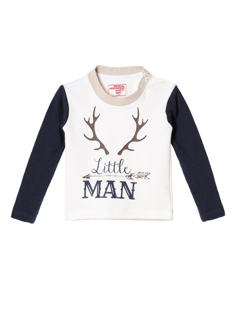 

UNDER FOURTEEN ONLY Boys Off White Typography Printed V-Neck Applique T-shirt