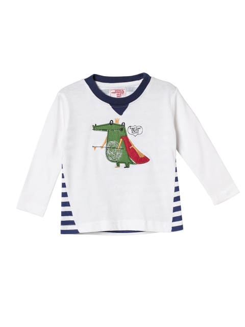 

UNDER FOURTEEN ONLY Boys Off White Printed V-Neck Applique T-shirt