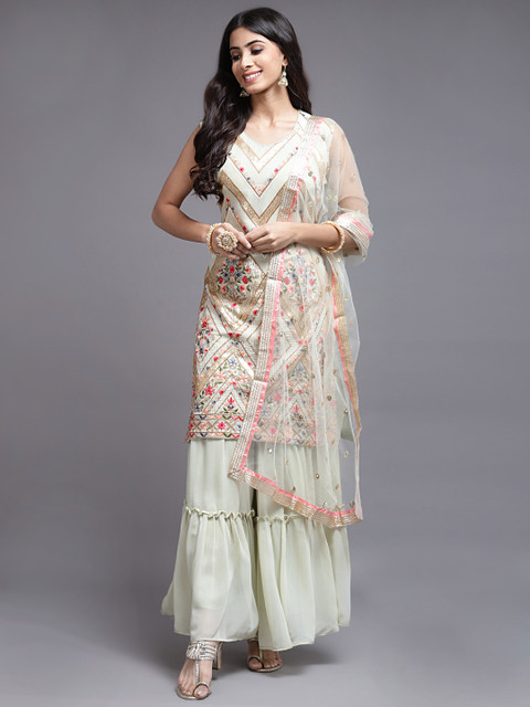 

SAARYA Women Green Floral Embroidered Layered Kurti with Sharara