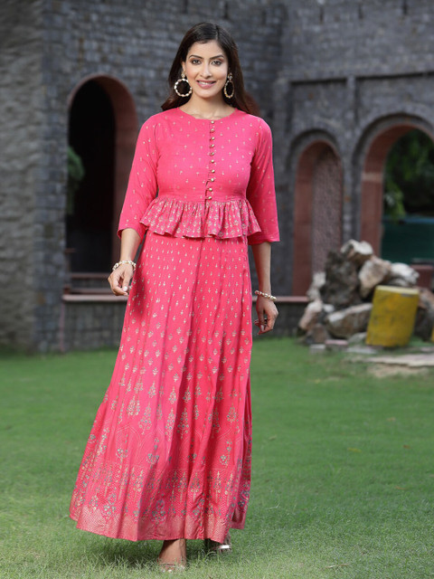 

Juniper Women Pink & Gold-Toned Printed Ready to Wear Lehenga &
